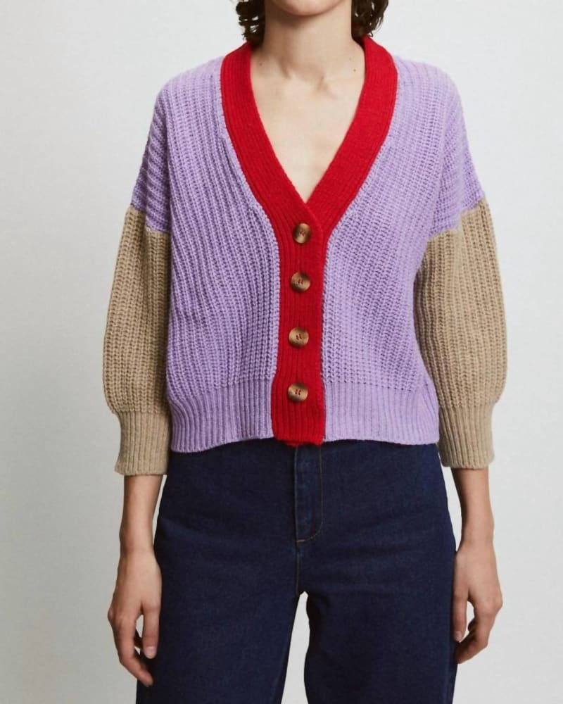 Front of a model wearing a size L Hole Cardigan in Multi Color in Multi Color by RITA ROW. | dia_product_style_image_id:363235
